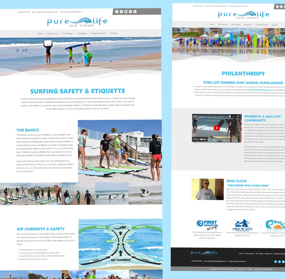 Pure Life Surf School Safety & Philanthropy Pages